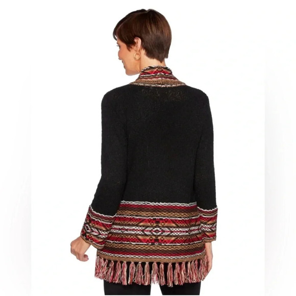 Ruby Rd. black southwest print 3/4 sleeve fringed open cardigan Size Large - Picture 2 of 9